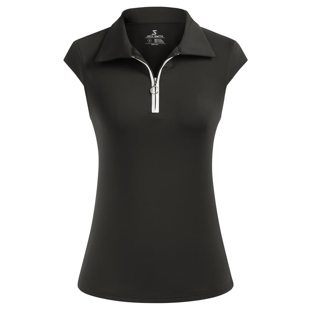 

JS Women Sides Slit Sports Shirt Cap Sleeve Lapel Collar Zip-up Neck Tops Golf Shirt Short Sleeves Sports Shirts A30