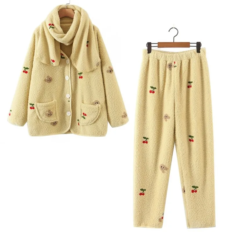 2022 Winter Pajamas Women Plus Size Cute Cherry Embroidered Sheep Fleece Sleepwear Thick Warm Loungewear 3 Pieces Nightclothes