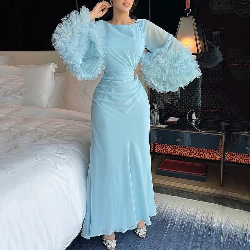 2023 Sky Blue O-Neck Mermaid Tiered Long Sleeved Prom Dresses Dubai Elegant Formal Evening Dress Robe De Soirée Party Gowns