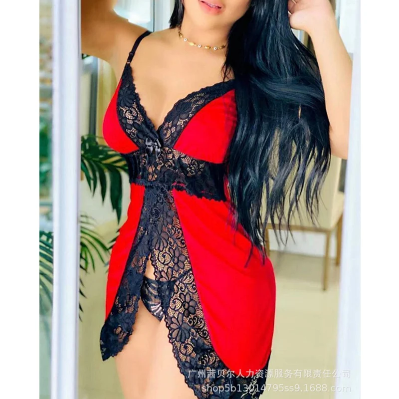

Underwear Fashion Lace Patchwork Nightdress Brief Two Piece Set Sleepwear Lingerie Women Sexy Exotic Pajamas Set