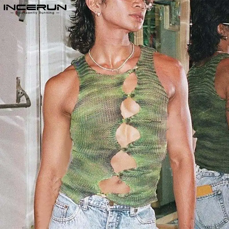 

INCERUN Fashion Men Tank Tops Printed Summer O-neck Sleeveless Hollow Out Sexy Vests Button Streetwear 2022 Casual Tops S-5XL