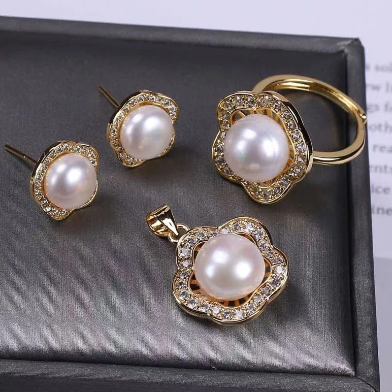 

Natural White Pearl Gold Plated Wedding Jewelry Sets For Women Earrings Necklace Pendant Ring Zircon Bracelet Birthday Gift