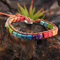 rainbow colorful small cubic healing natural stone chakra leather wrap bracelet inner peace meditation balancing calm bracelet