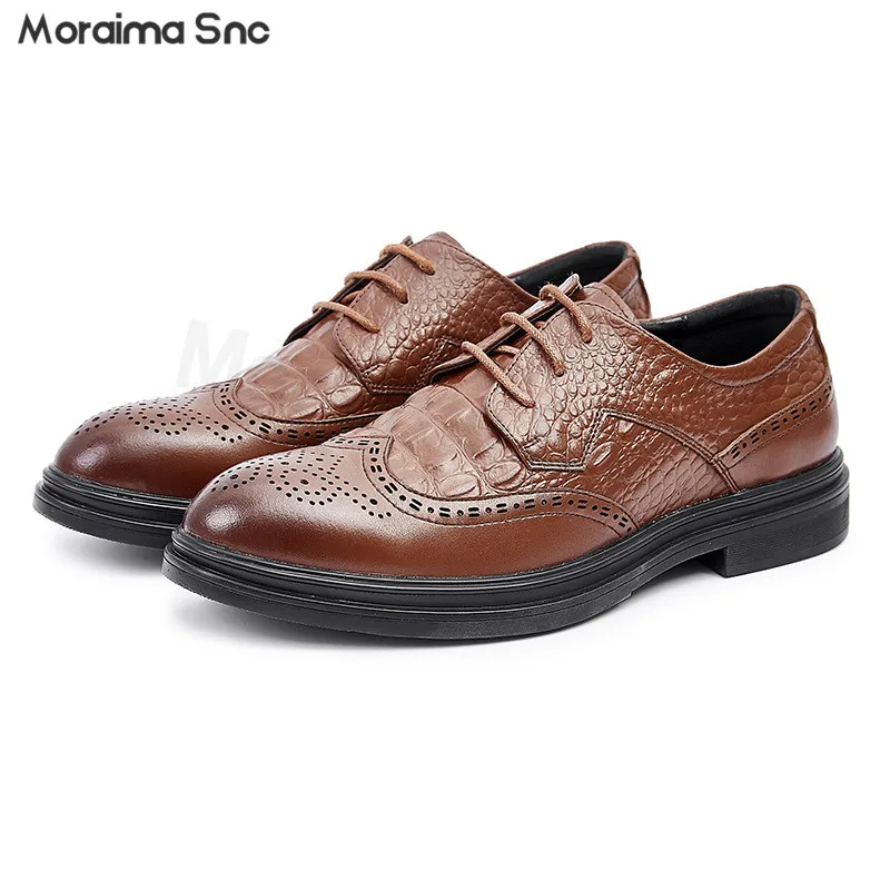 Men's Dress Leather Shoes Large Size Bloc Carved Crocodile Pattern Business Casual Wear Lace-Up Leather Shoes Men's Shoes