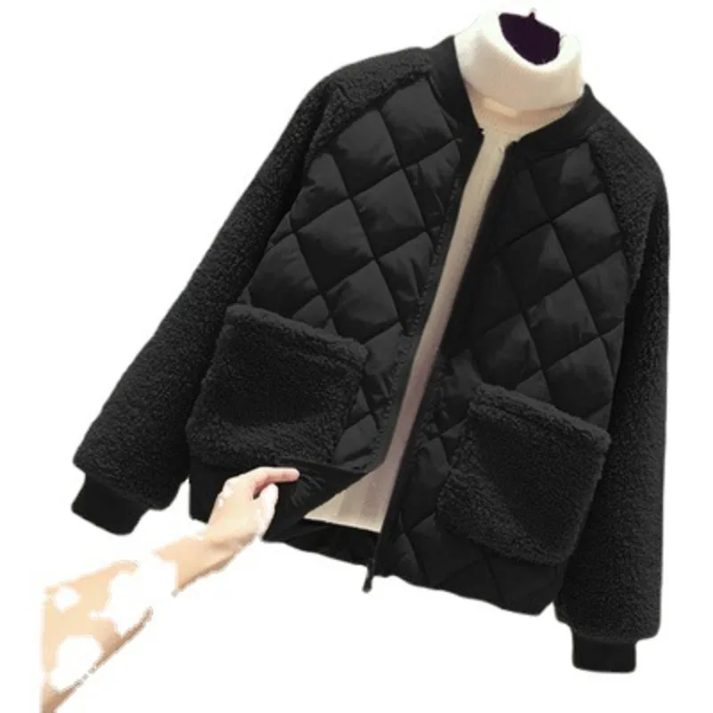 

New fashion wool like lamb sweater in autumn and winter of 2022 Women's splicing stand collar student zipper coat