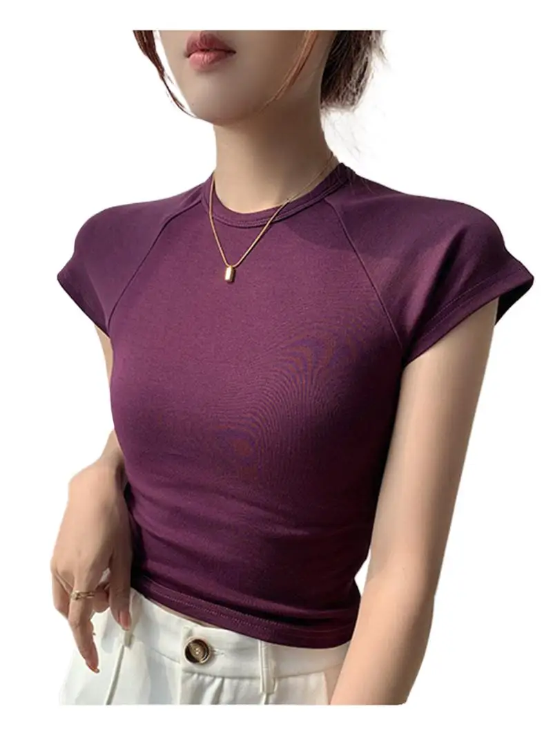 

Summer Knitted Cotton Round Neck Tops Skinny Raglan Short Sleeve Slim Versatility Bottoming shirts Blouses Trendy