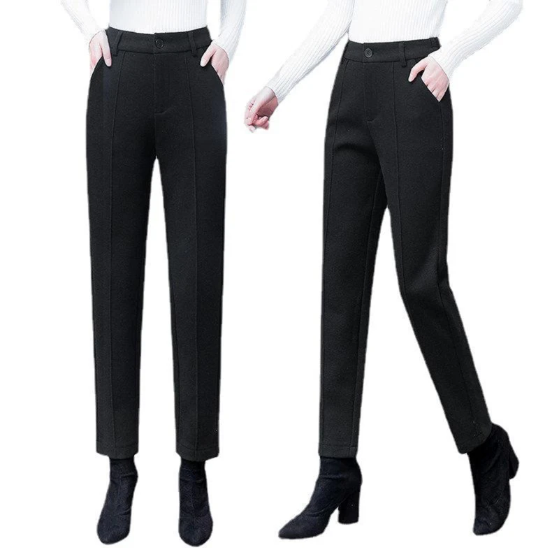 

Autumn Casual Women Warm Thick Black Office Straight Pencil Suit Trousers Korean Winter Fashion Pant 2023