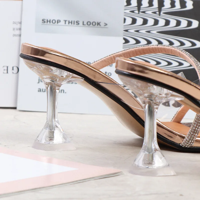 Women's High Heel Sandals 2022 Summer New Rhinestone Belt Transparent Horseshoe Heel Slippers Fashion Party Women Sandals 7.5CM