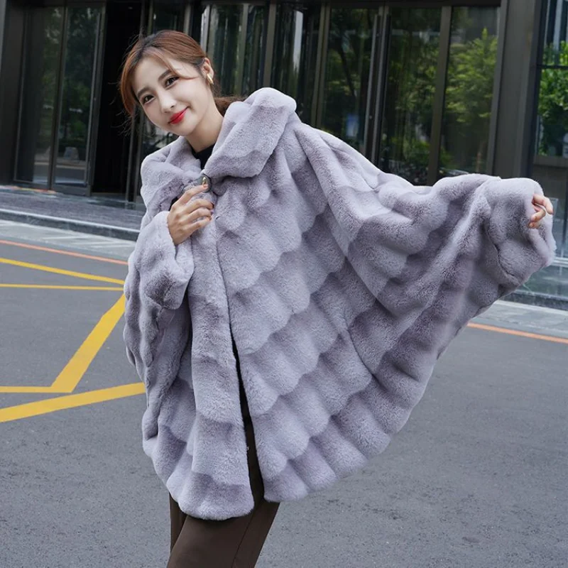 Autumn Winter Luxury Tops Faux Fur Jacket Mink Hair Flying Bat Fir Loose Hooded Warm Women's Coat Korean Fashion