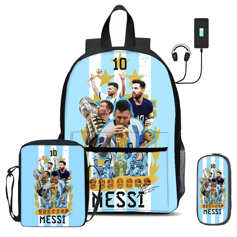Фото Набор из 3 предметов: школьный рюкзак M-Messi, спортивный рюкзак для детей, пенал, рюкзак с USB-интерфейсом, рюкзак с изображением футбольной звезды, сумка через плечо №5