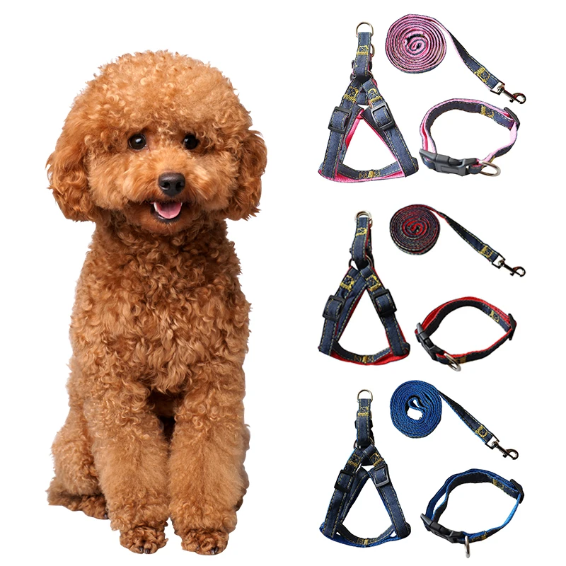 

Adjustable Puppy Dog Vest Harnesses Lead Set Denim Traction Rope Strong Leash Dog Collar Teddy Pug Large Dogs Harnesses