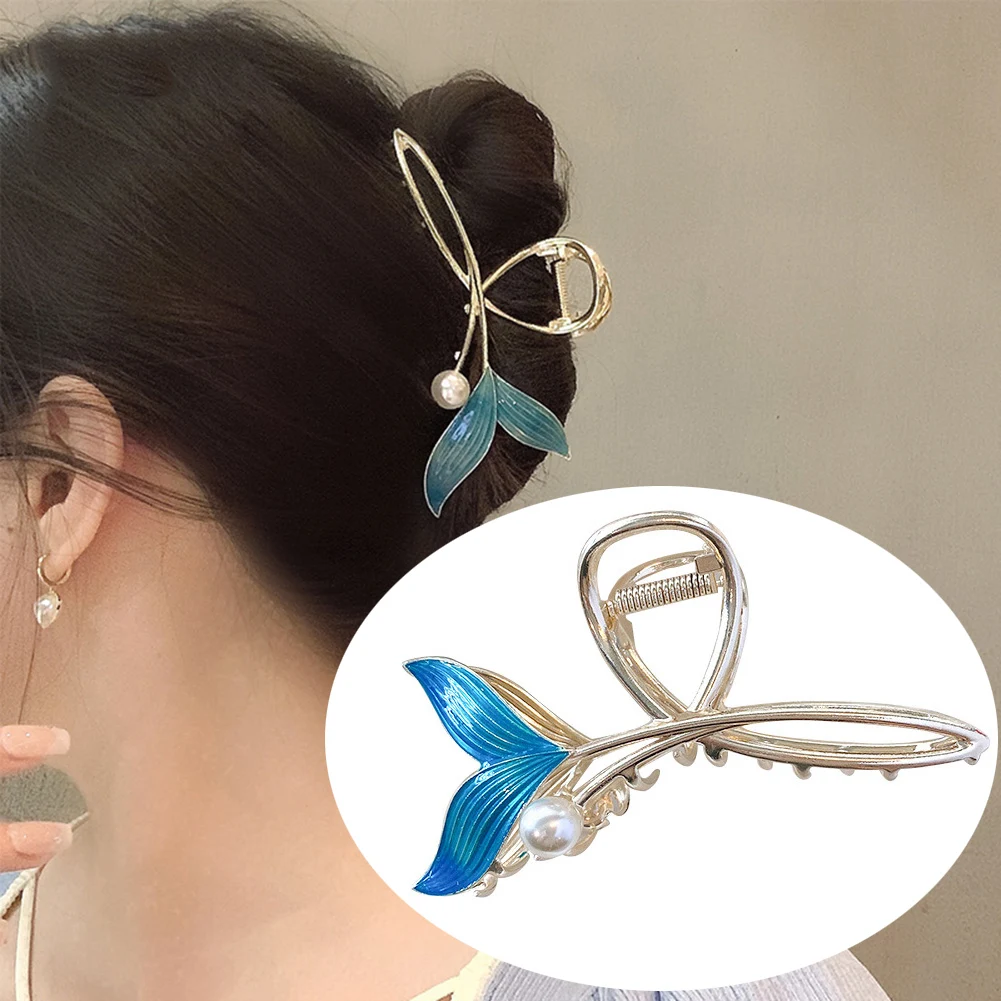 

Vintage Women's Blue Pearl Fishtail Hair Clips Large Ponytail Hair Clips Luxury Metal Pearl Shark Clips Girls Headwear Gifts