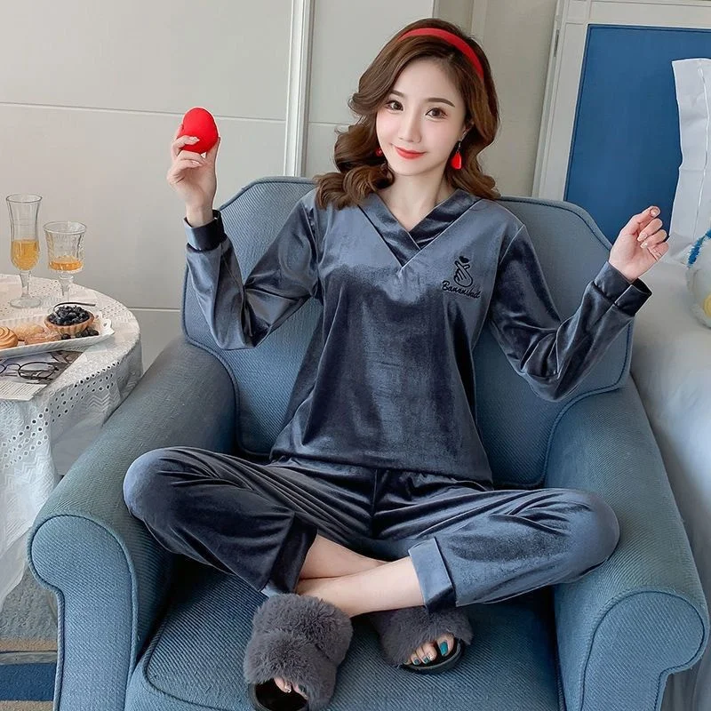 Velvet Princess Pajamas Set Sexy Lace Sleepwear For Women Full-Sleeve Autumn Soft Pyjama Women's Comfortable Sweet Homewear