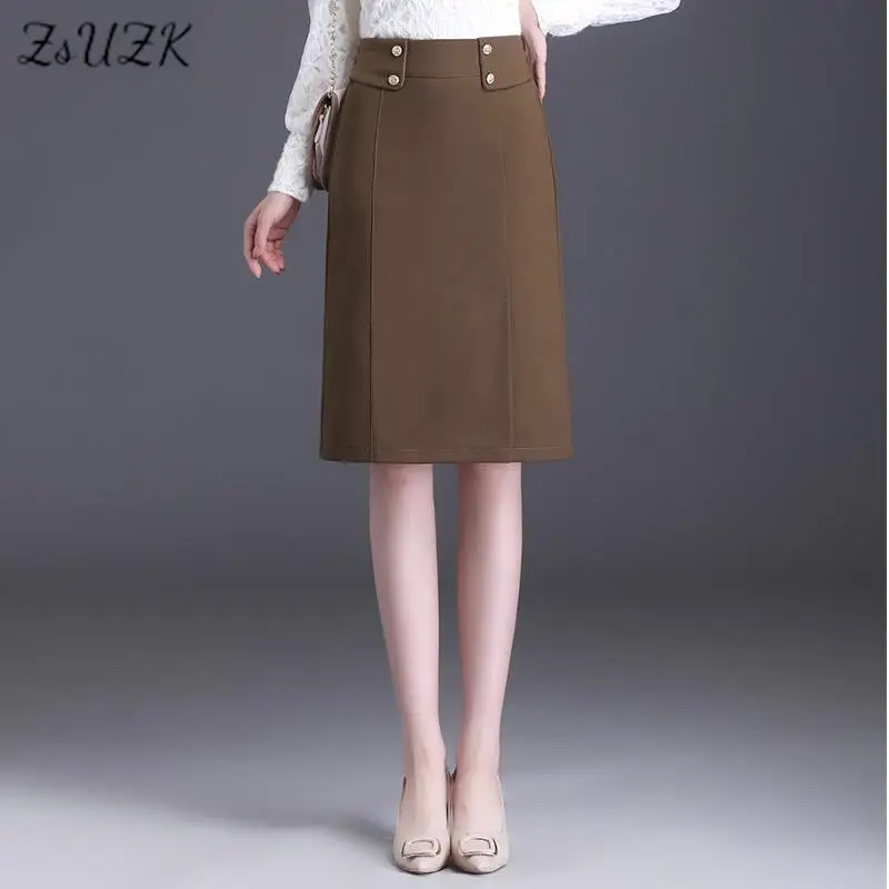 

ZUZK Solid Straight Bodycon Skirt For Women Elegant Elastic High Waist Slim Black Skirt OL Knee-length Work Pencil Skirts