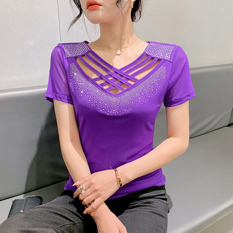 

Новинка 2023, летняя женская футболка с коротким рукавом, модные повседневные сетчатые топы с V-образным вырезом и вырезами