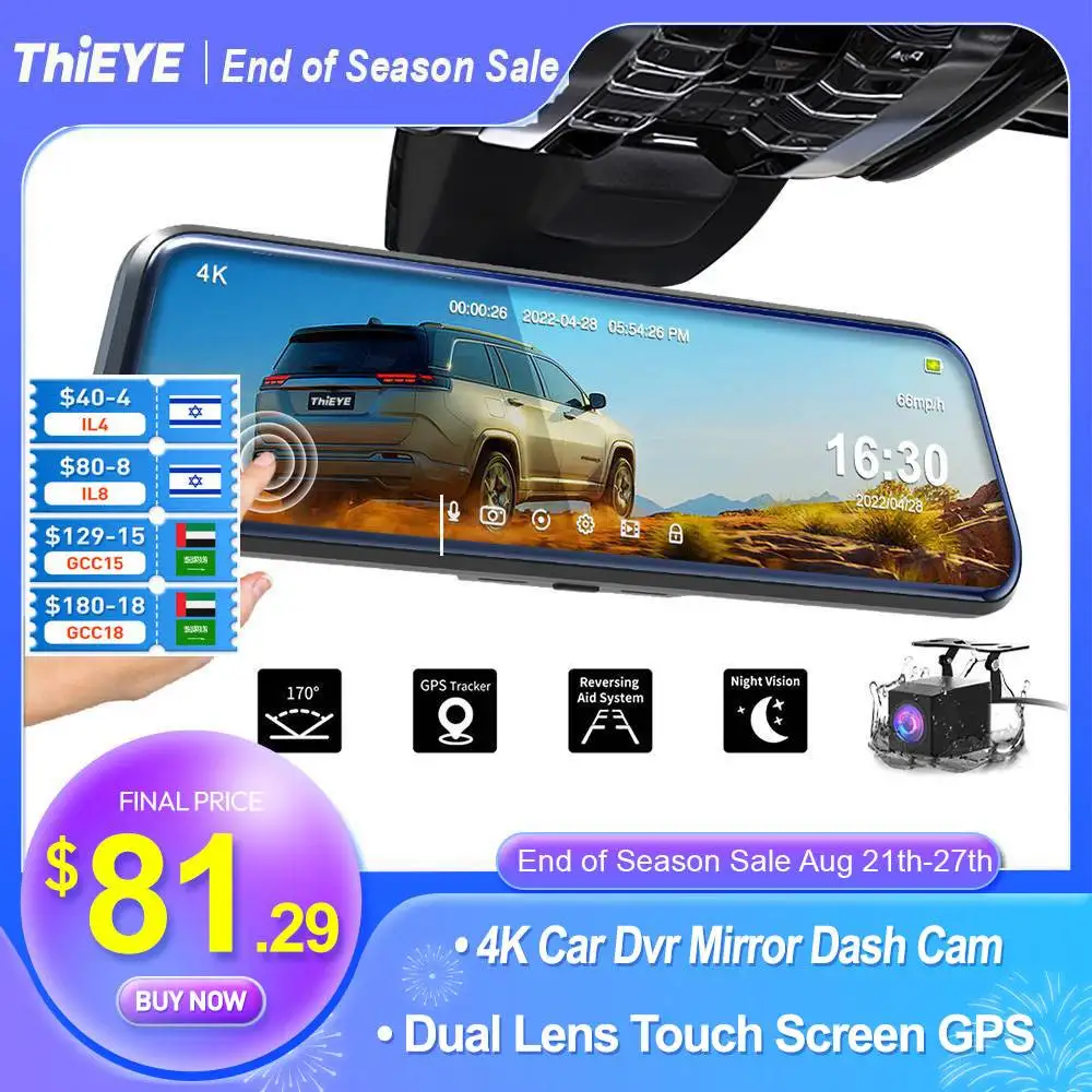 ThiEYE 4K Car Dvr Mirror Dash Cam Dual Lens Touch Screen GPS Navigation rear view camera Full Hd 1080P Rearview Drive Recorder