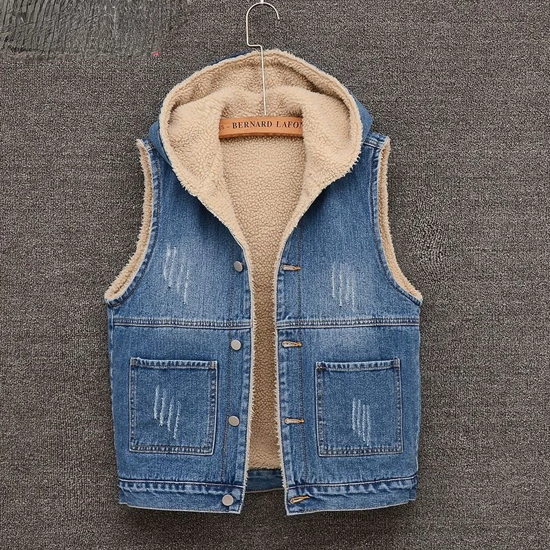 

Autumn Woman Lamb Wool Thickened Denim Vest Female Loose Sleeveless Turn-down Collar Cotton Jacket Ladies Vest Outwear Tops G29