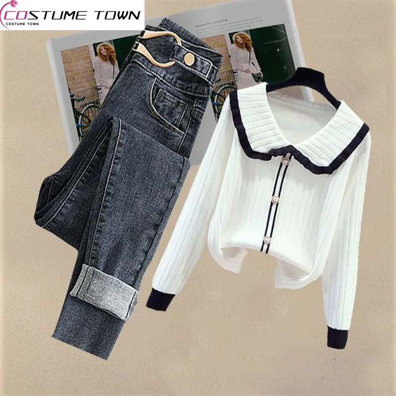

Spring and Autumn Women's Suit 2023 New Korean Version Doll Neck Knitted Sweater Women's Skinny Jeans Two-piece Set