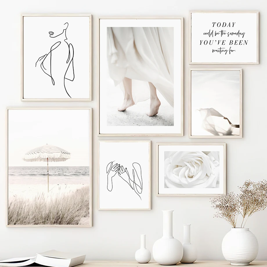 

White Flower Seagull Dandelion Line Girl Wall Art Canvas Painting Nordic Posters And Prints Wall Pictures For Living Room Decor