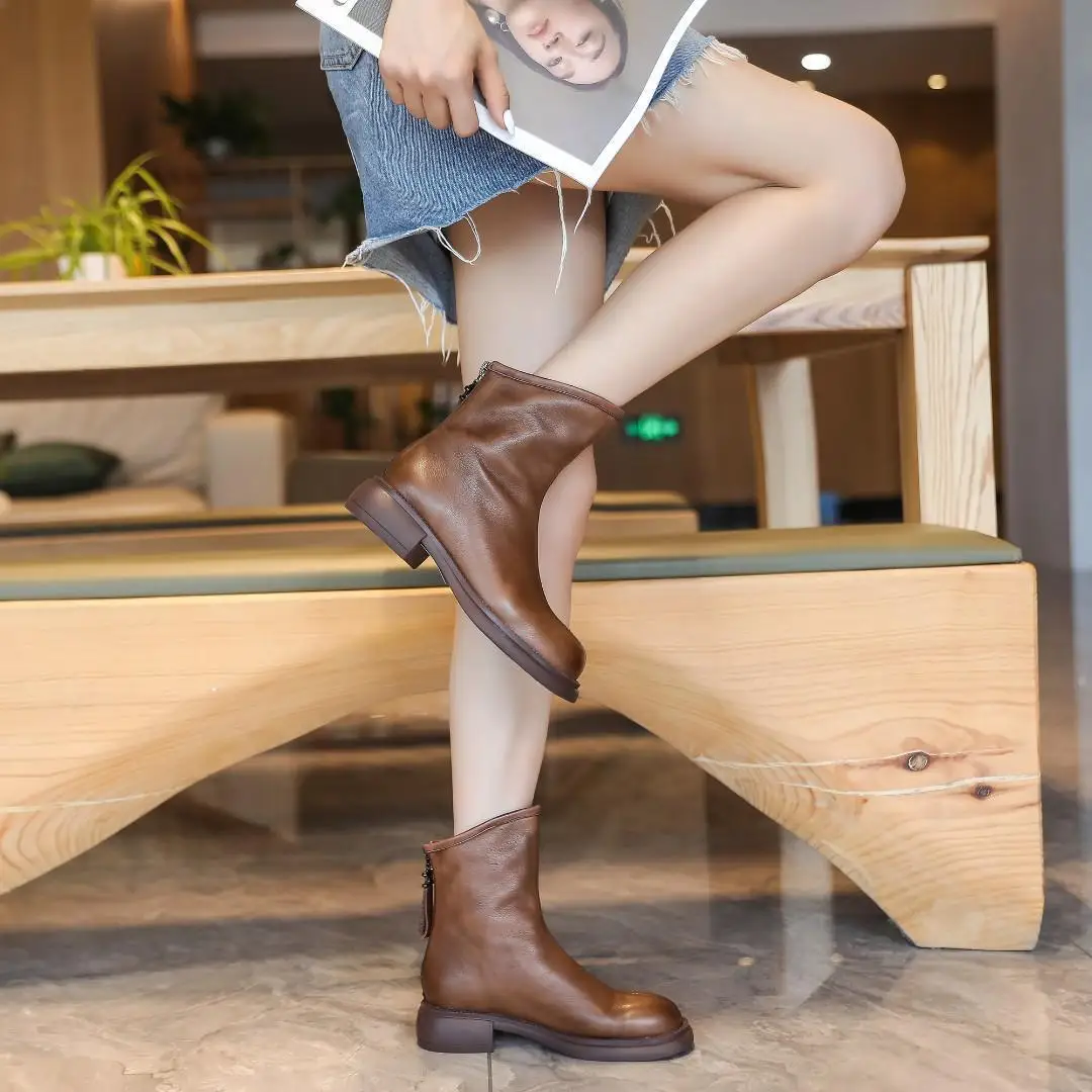 TSTCTB 2022 New Arrive Modern Ladies Boots Spring Modern Leather Women Ankle Boots Retro Thick Med Heels Shoes Chelsea Boots