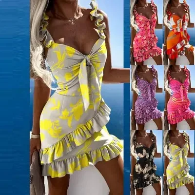 

Summer New Mini Dress Fashion Sexy New Halter Print Waist Dress