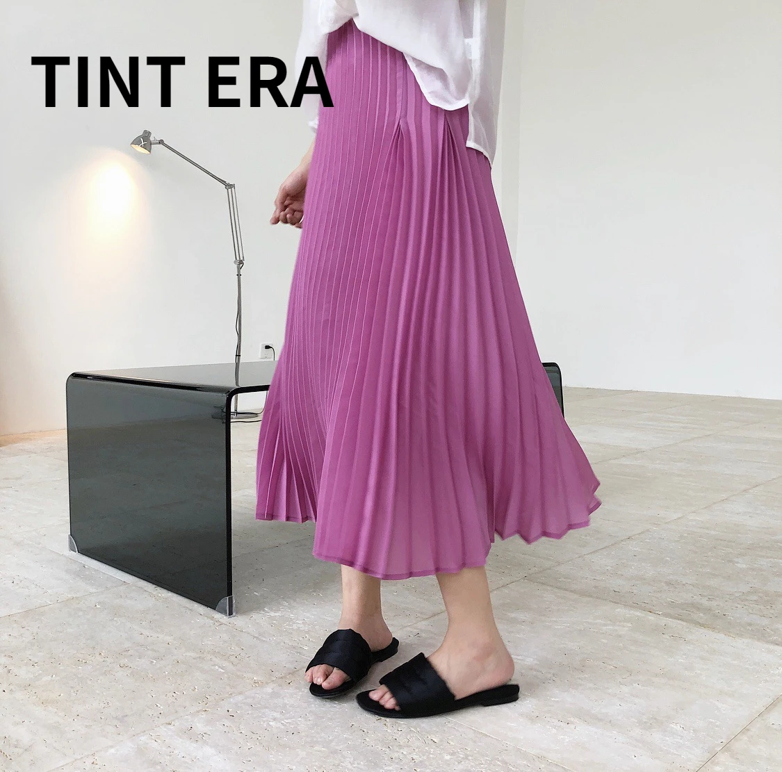 

TINT ERA Summer New Fashionable Tencel Pleated High Waist Thin Fashion Irregular Organ Pleated Skirts A-line Long Skirt Women