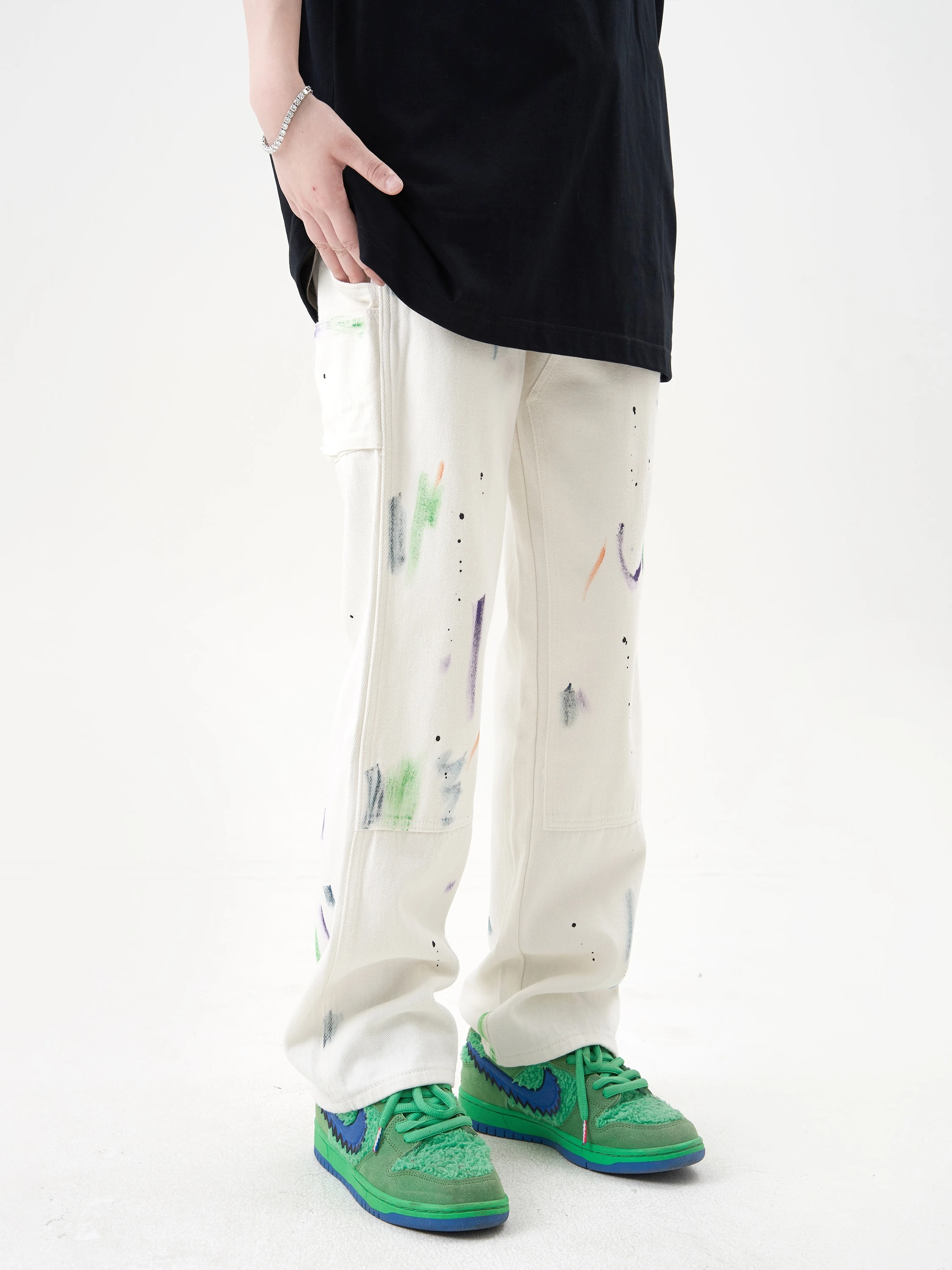 

White Jeans Women Mopping Fashion Splash ink Gradient Hip Hop Street Vintage BF Students Leisure Straight Denim Trousers