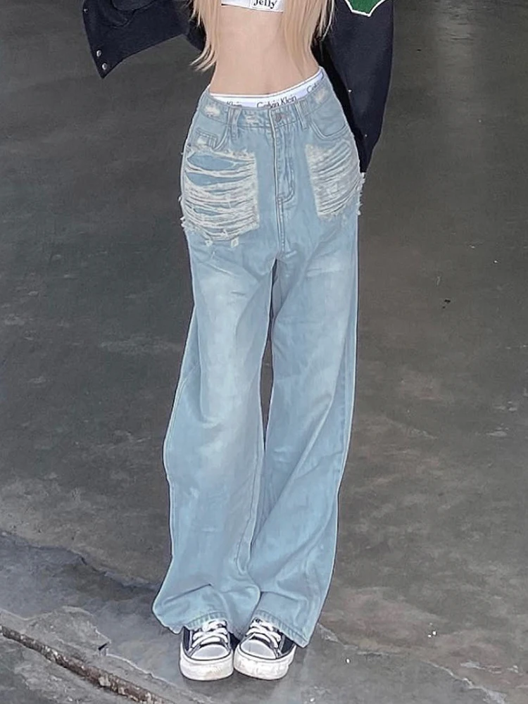 Y2K Tassel Jeans Blue Grunge Tie Dye Straight Korean Streetwear Pants Women Fashion Casual Trousers Pockets Vintage