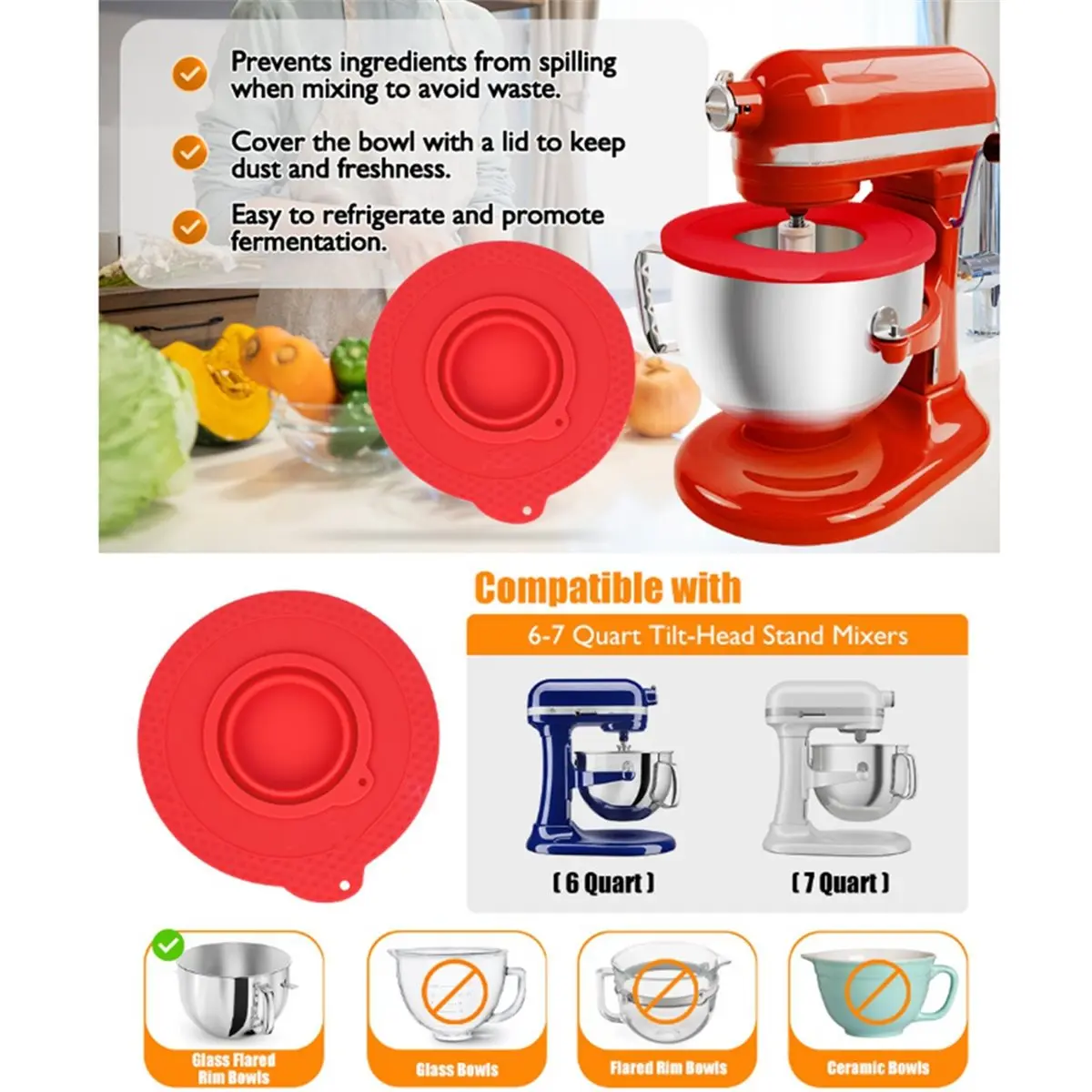 Фото (ABPO) Силиконовая крышка для чаши миксера KitchenAid 6-7 кварт для стационарных миксеров с подъемной чашей, пыле- и брызгозащитная крышка для чаши миксера B №5