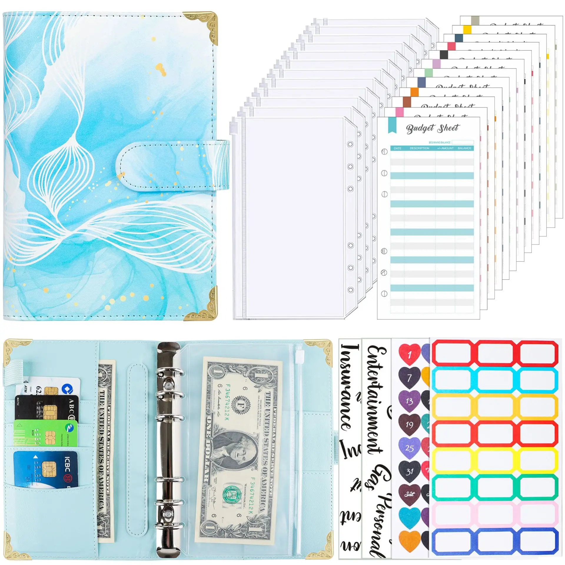 

A6 colorful Money Budget Planner Binder with Zipper Envelopes Cash Envelopes, for Budgeting Money Organizer for Binder Notebook