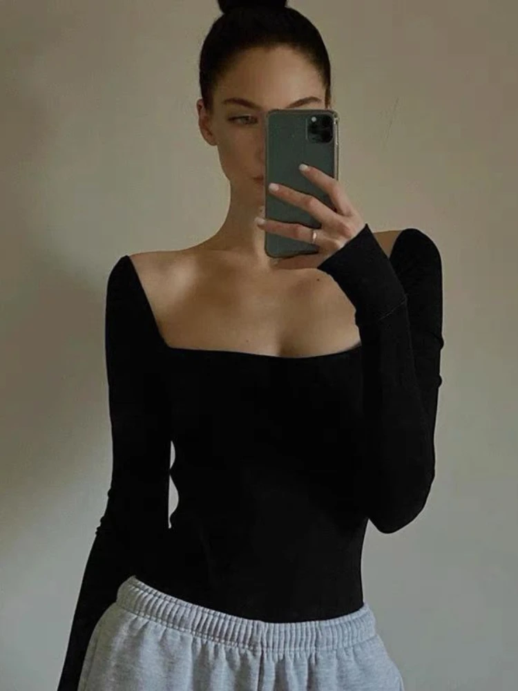 

Sexy Square Neck Long Sleeve Bodycon Black T-shirt for Women 2023 Autumn Winter Fashion Slim Pullover French Clothes Femal