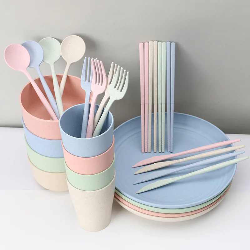 

28 Pcs Reusable Family Dinnerware Sets Wheat Straw Tableware Kitchen Tools