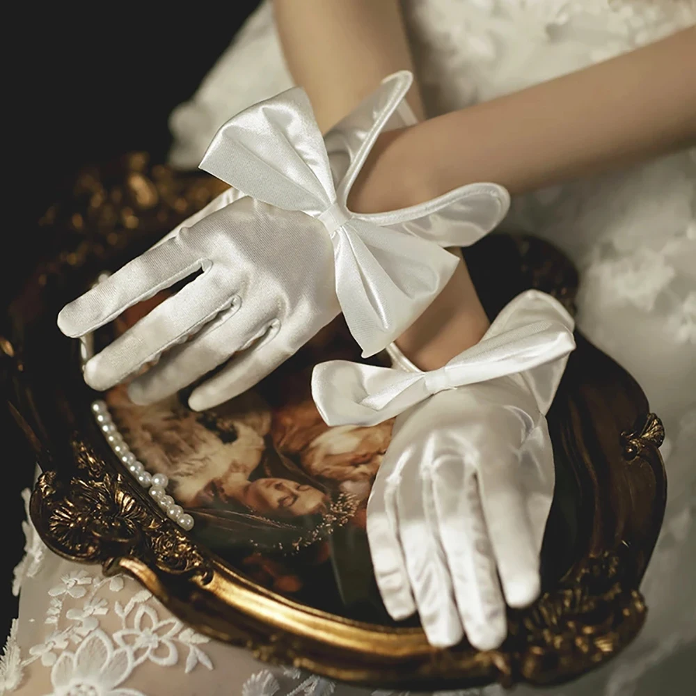 

Bridal Delicate Party Women Prom Lvory Wedding Accessories Satin Mittens Full Finger Gloves Bow Kont Gloves