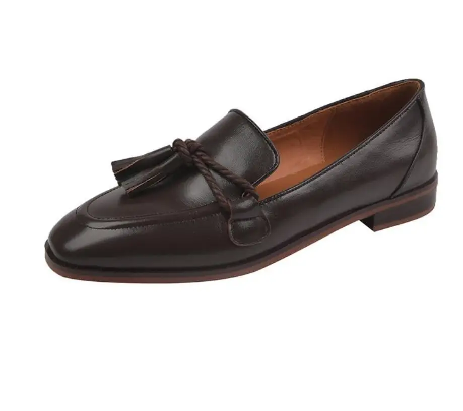 New Retro Black Style Square Head Women's Loafers Shoes Summer Fashion Style Tassel Comfortable Single Shoes Women Brown Shoes