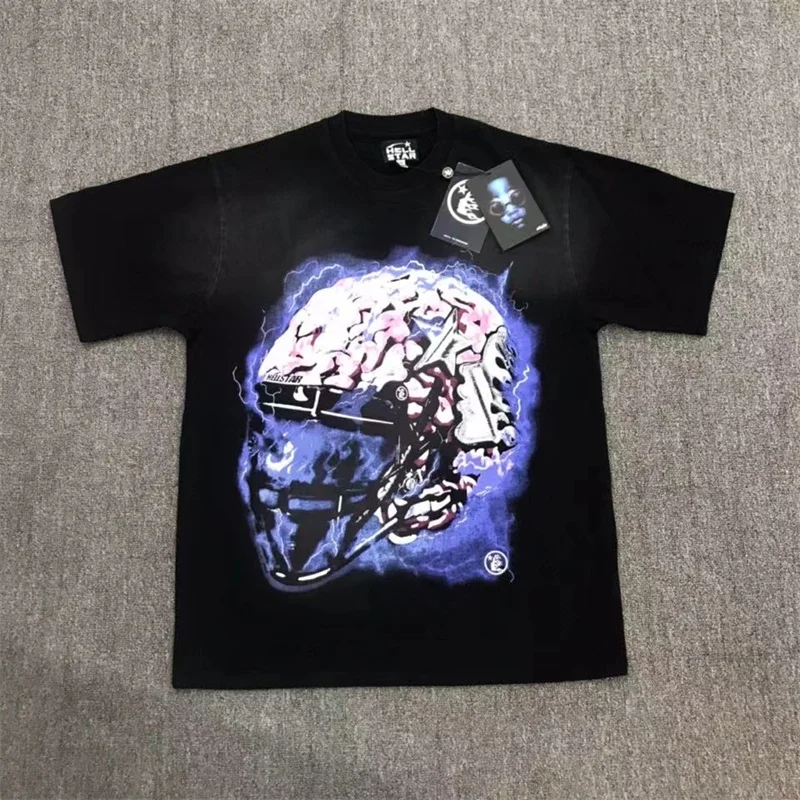 

Ретро-футболка 23SS Hellstar с эффектом потертости, повседневный черный топ в стиле High Street с круглым вырезом и принтом спереди и сзади 1:1, с коротким рукавом