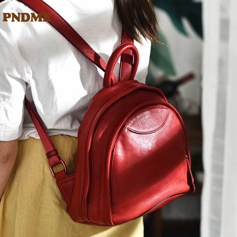 PNDME Retro Fashion Luxury Women's Natural Genuine Leather Backpack Daily Casual Outdoor Women's Small School Bag