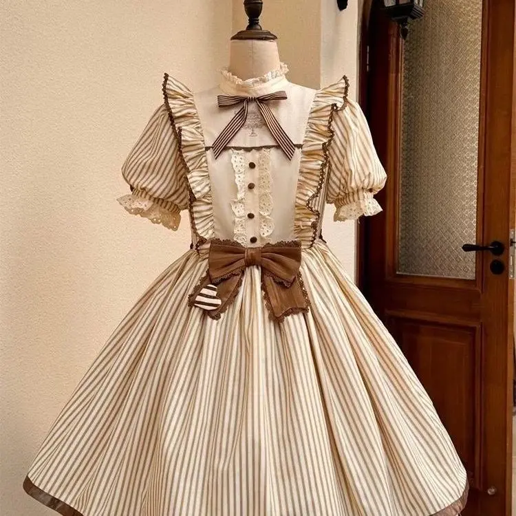 Платье MAGOGO Lolita Daily Flower для женщин: милое, с бантом, в полоску, с короткими пышными рукавами, для вечеринок, в стиле принцессы (art.: 3920daa87bd17) - 3920daa87bd17