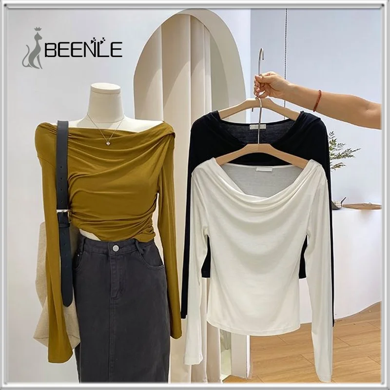 

BEENLE Woman T-shirt Korean Fashion Solid Off-shoulder Blouses Winter Casual Long-sleeved Top Chiffon T-shirt Women Clothing