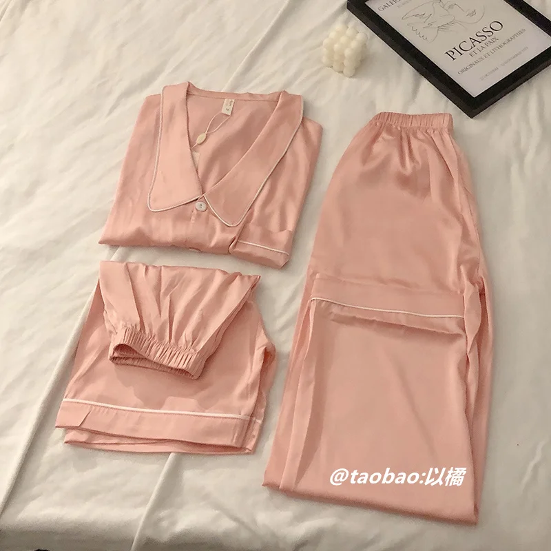 

Pajamas Women's Summer Three-piece Suit Short-sleeved Trousers Ice Silk Solid Color Pink Lapel Spring And Autumn Home Clothes
