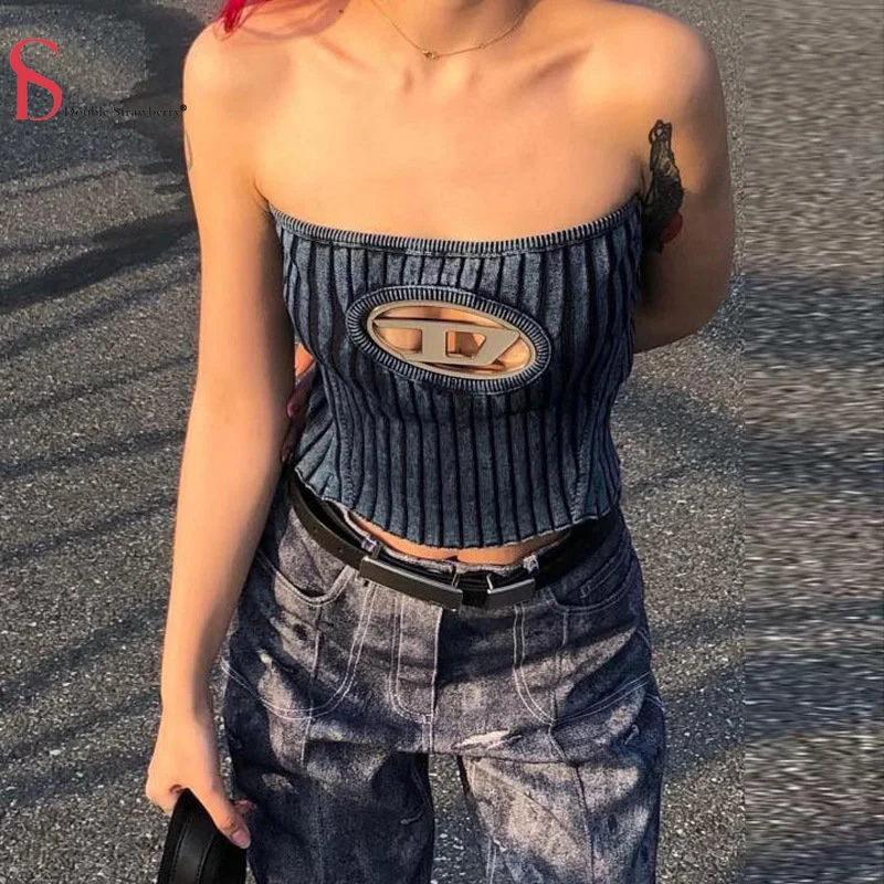 

Tank D-Metal Crop Top Sexy Women's Inner Hollow Blue Retro Knit Slim Tube Top