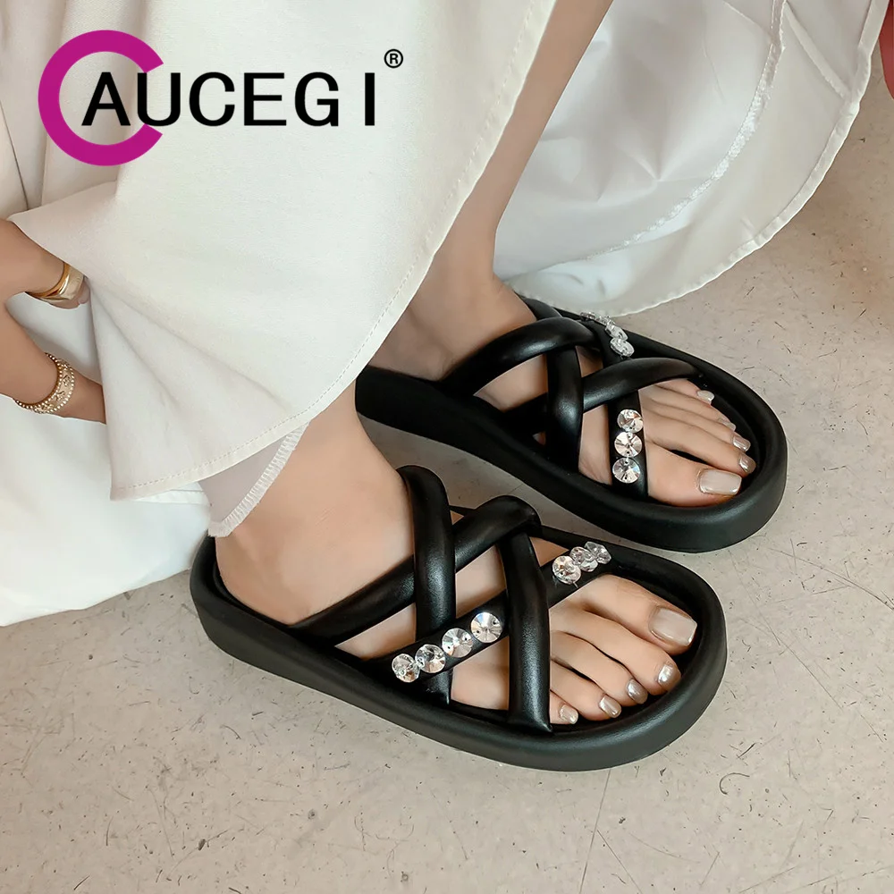 

Aucegi 2023 Новые летние пляжные сандалии на толстой плоской подошве тапочки с кристаллами круглым открытым носком уличная удобная обувь для отдыха