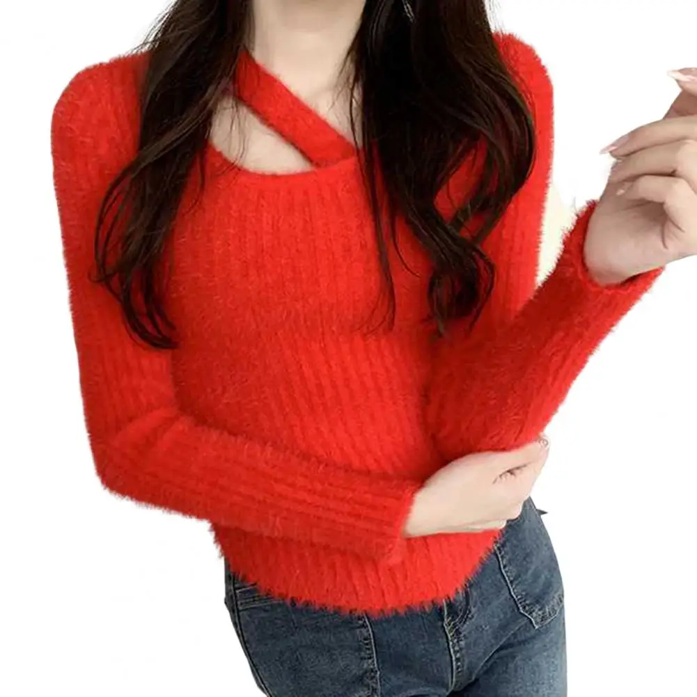 

Women Sweater Solid Plush Slim Fit Irregular Neck Pullover Keep Warm Long Sleeves Anti-shrink Women Jumper Tops Women