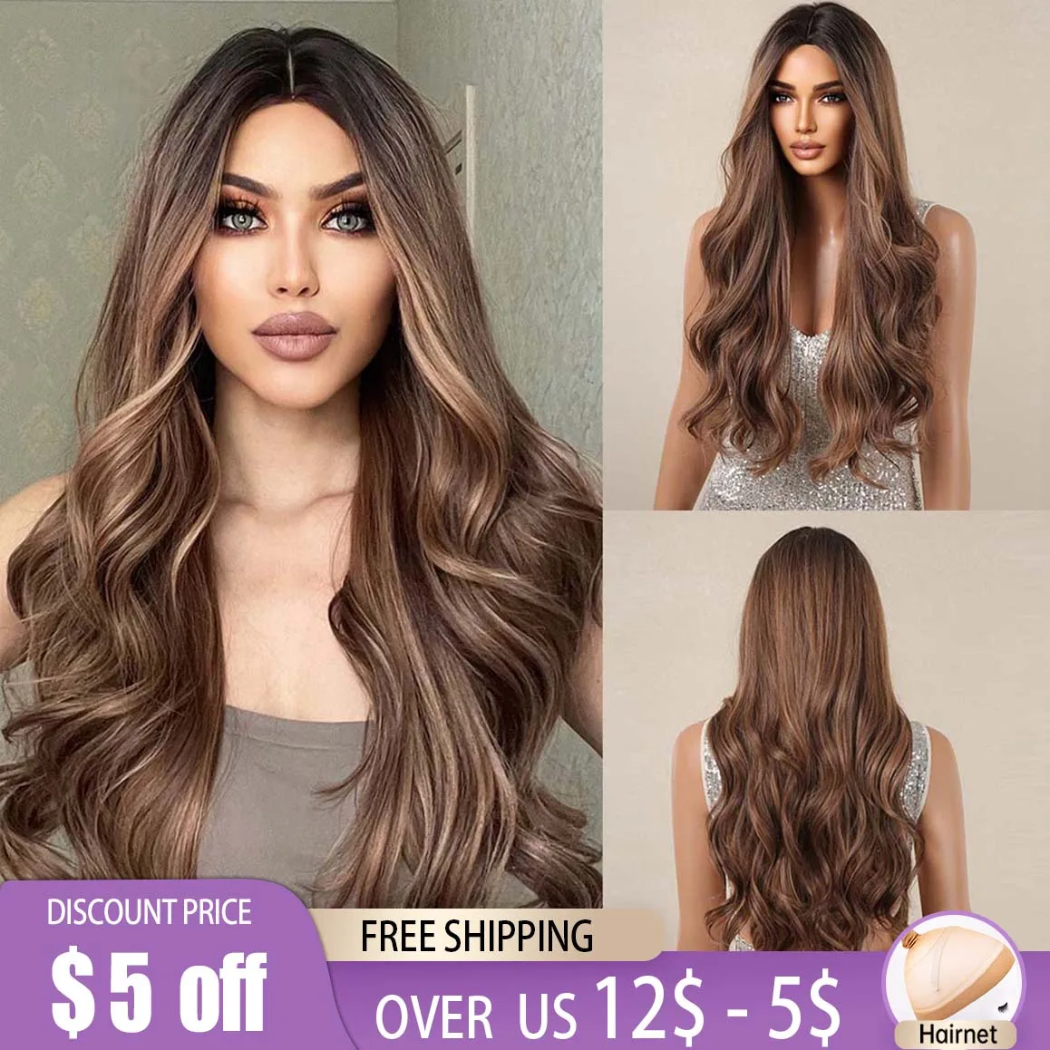 

Long Ombre Brown Body Wave Synthetic Wigs Middle Part for Women Afro Daily Cosplay Natural Wavy Hairs Wig Heat Resistant Fiber