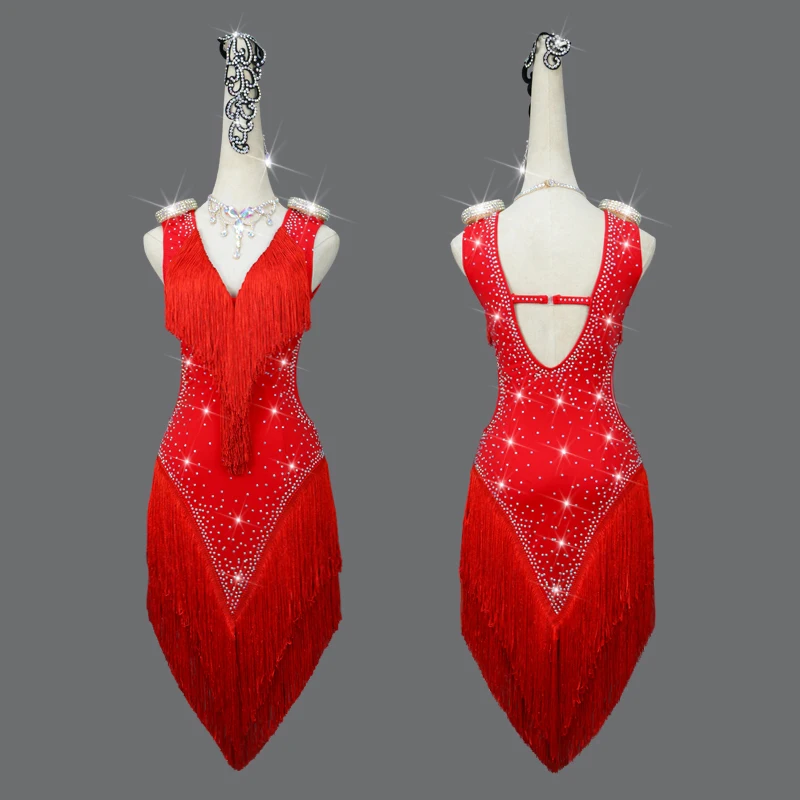 

New Latin Dance Dress Competition Dress Costumes Skirt Performing Dress Rhinestones Adult Customize Children Red Fringed Skirt