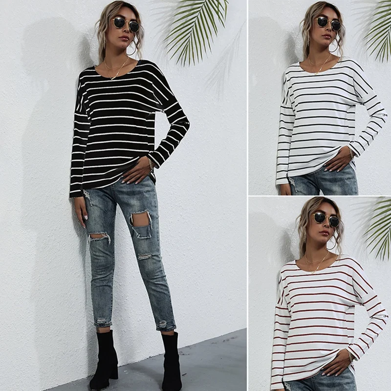 

Hot Kf-Striped T-Shirt Women Casual Cotton Stretchy Long Sleeve Spring Autumn Tops Tee