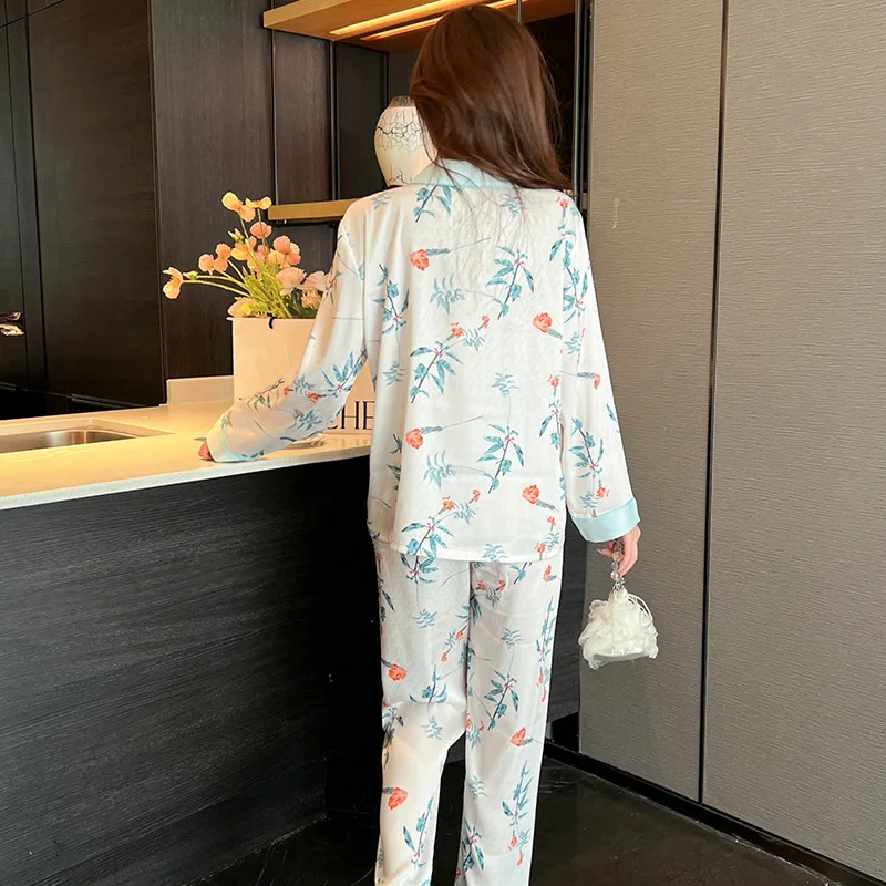 FALLINLAOE Women's Pajamas Set Fashion Colorful Leaves Print Leisure Sleepwear Silk Like Long Homewear Nightwear Femme Petite