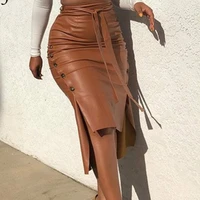 women sexy bandage stigende party skirt bodycon split midi skirt fashion casual solid faux leather pu leather side button skirt