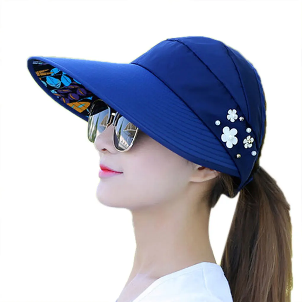 

Women Ponytail Summer Hat Pearl Flowers Wide Large Brim Casual Outdoor Leisure Foldable Sunshade Cap