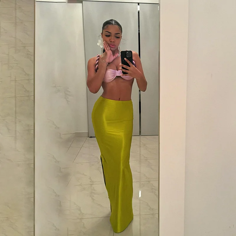 Атласная Юбка-макси Gtpdpllt с завышенной талией и Боковым Разрезом женская летняя