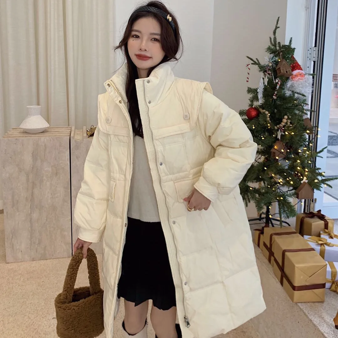 New Down Jacket Women's Mid-length Section Navy Collar Design Sense Cotton Jacket White Duck Down Thicker Knee-length Jacket